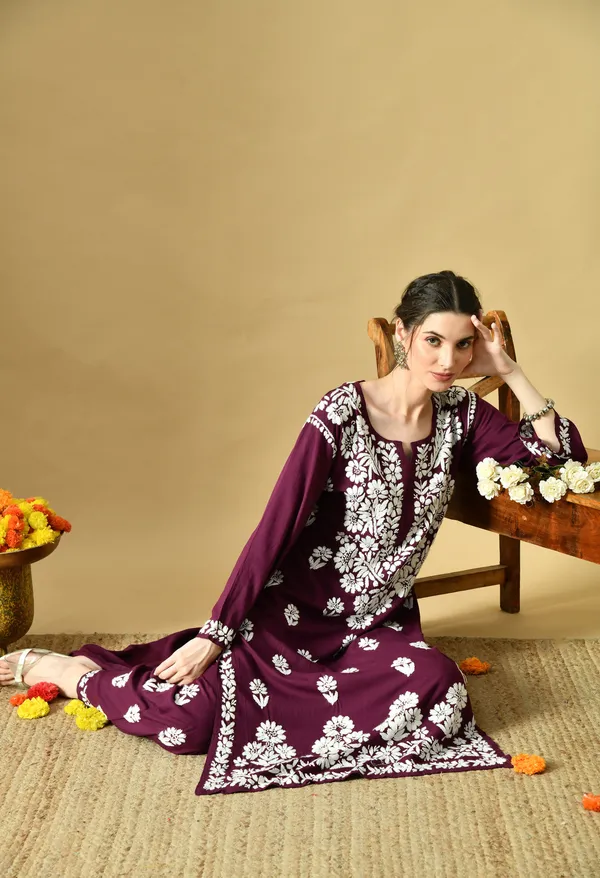 Hand_Embroidered_Chikankari_Soft_Rayon_Plazo_Set_-_Wine