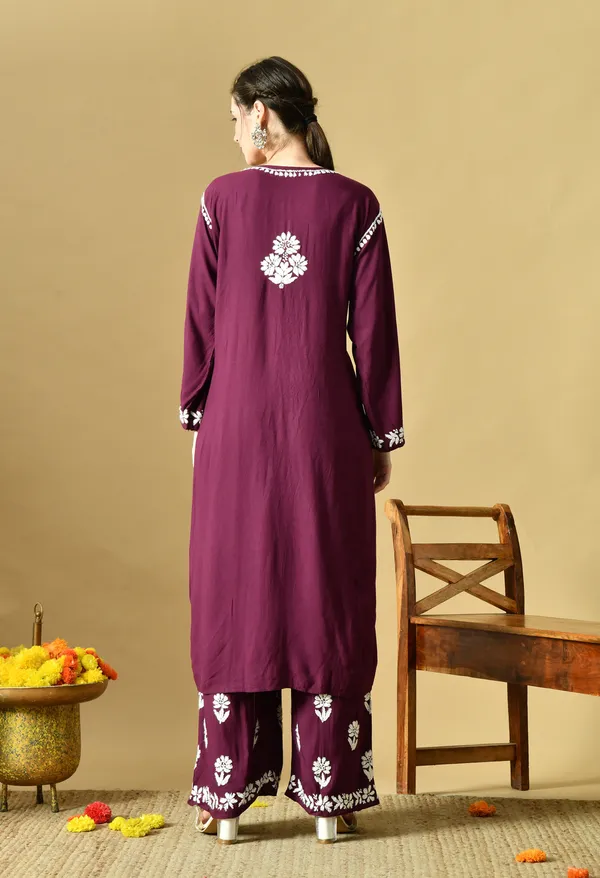 Hand_Embroidered_Chikankari_Soft_Rayon_Plazo_Set_-_Wine