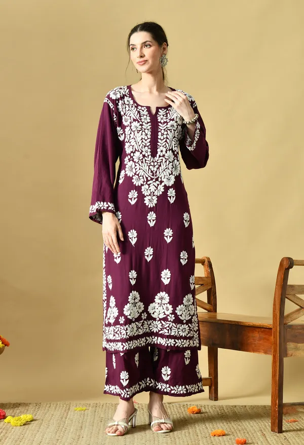 Hand_Embroidered_Chikankari_Soft_Rayon_Plazo_Set_-_Wine