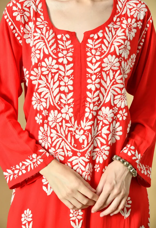 Hand_Embroidered_Chikankari_Soft_Rayon_Plazo_Set_-_Red