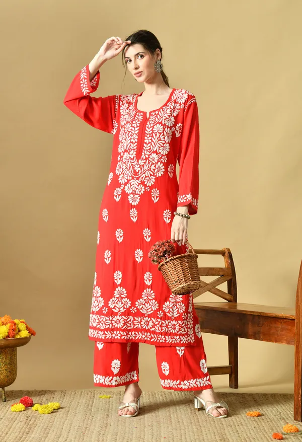 Hand_Embroidered_Chikankari_Soft_Rayon_Plazo_Set_-_Red