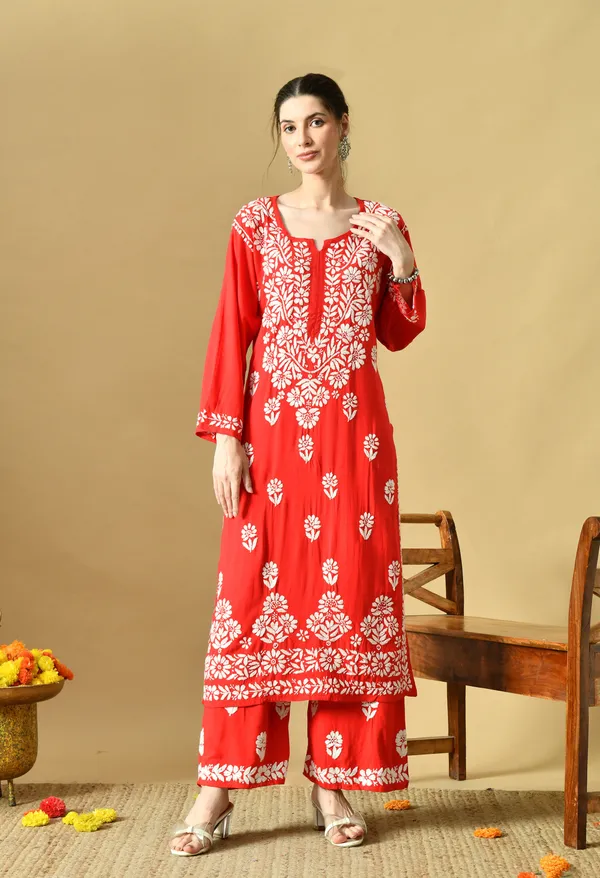 Hand_Embroidered_Chikankari_Soft_Rayon_Plazo_Set_-_Red