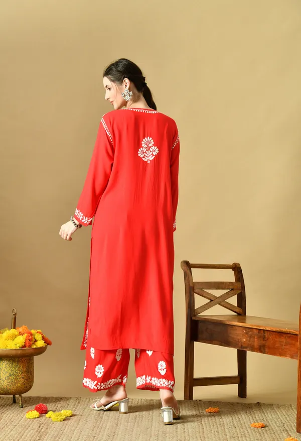 Hand_Embroidered_Chikankari_Soft_Rayon_Plazo_Set_-_Red
