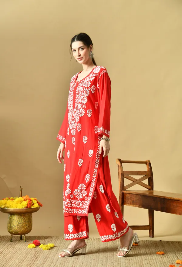 Hand_Embroidered_Chikankari_Soft_Rayon_Plazo_Set_-_Red