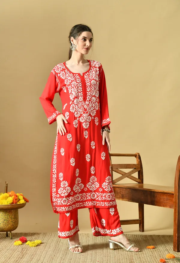 Hand_Embroidered_Chikankari_Soft_Rayon_Plazo_Set_-_Red