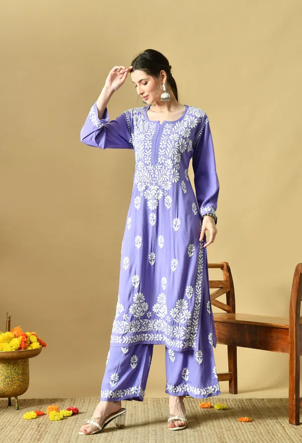 Hand_Embroidered_Chikankari_Soft_Rayon_Plazo_Set_-_Purple