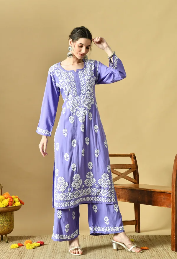 Hand_Embroidered_Chikankari_Soft_Rayon_Plazo_Set_-_Purple