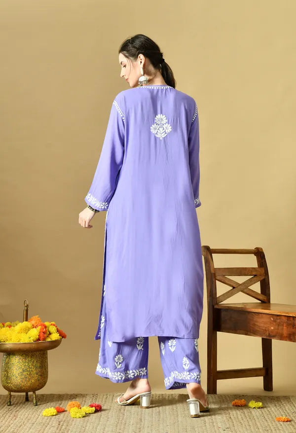 Hand_Embroidered_Chikankari_Soft_Rayon_Plazo_Set_-_Purple
