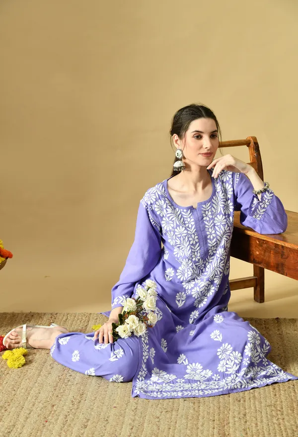 Hand_Embroidered_Chikankari_Soft_Rayon_Plazo_Set_-_Purple