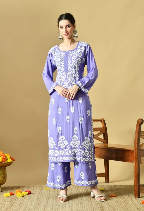 Hand_Embroidered_Chikankari_Soft_Rayon_Plazo_Set_-_Purple
