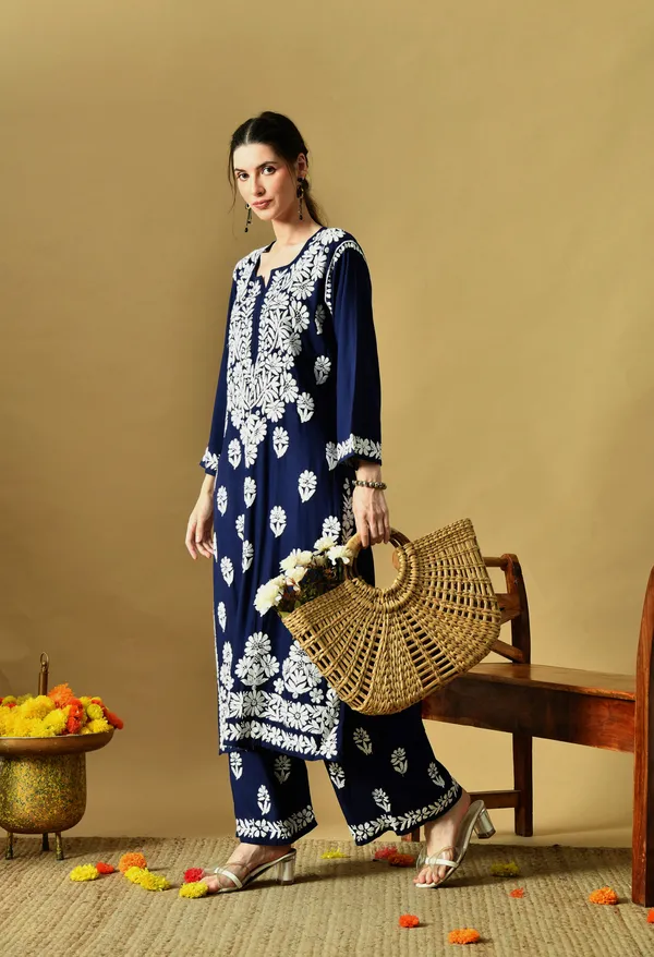 Hand_Embroidered_Chikankari_Soft_Rayon_Plazo_Set_-_Navy_Blue