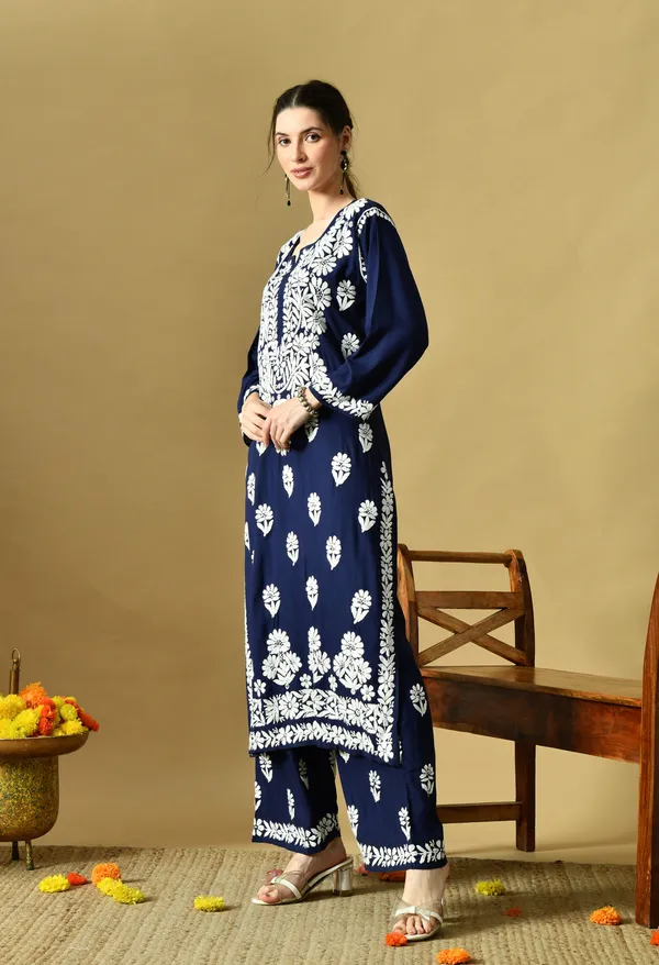 Hand_Embroidered_Chikankari_Soft_Rayon_Plazo_Set_-_Navy_Blue