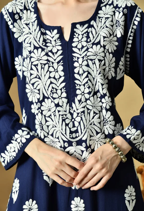 Hand_Embroidered_Chikankari_Soft_Rayon_Plazo_Set_-_Navy_Blue