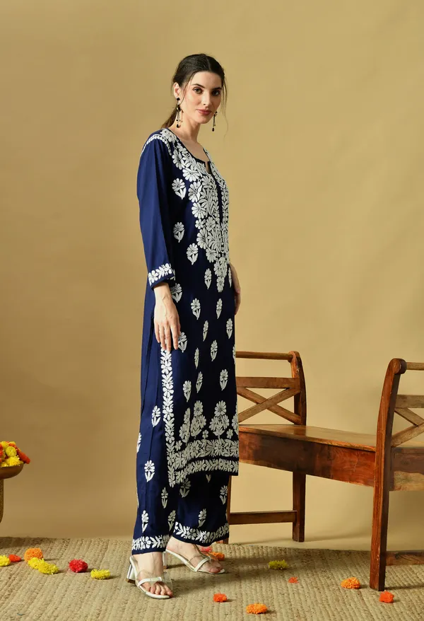 Hand_Embroidered_Chikankari_Soft_Rayon_Plazo_Set_-_Navy_Blue