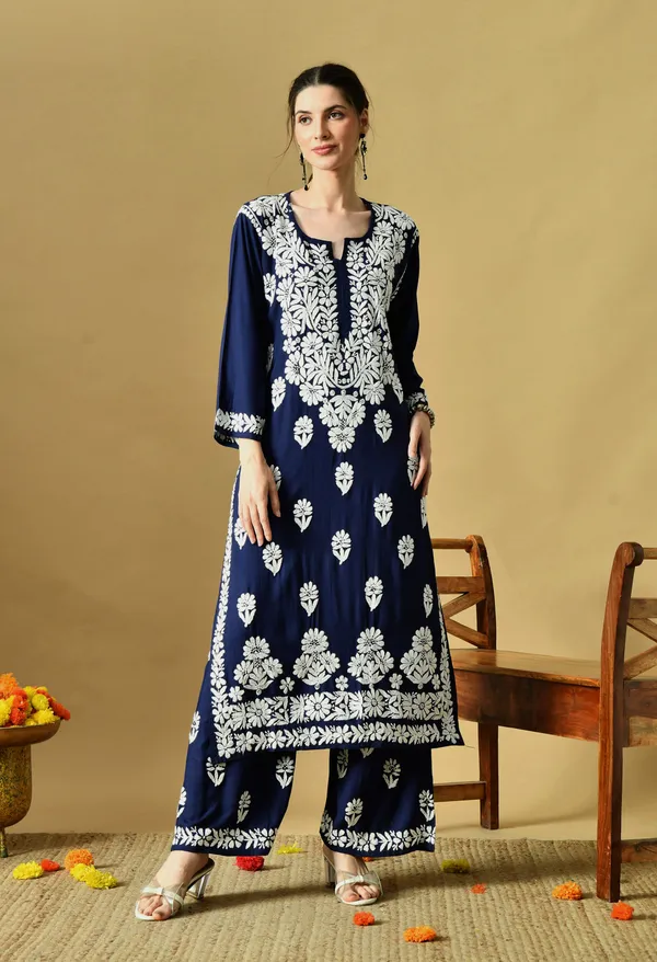 Hand_Embroidered_Chikankari_Soft_Rayon_Plazo_Set_-_Navy_Blue