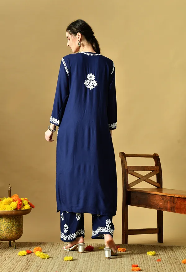 Hand_Embroidered_Chikankari_Soft_Rayon_Plazo_Set_-_Navy_Blue