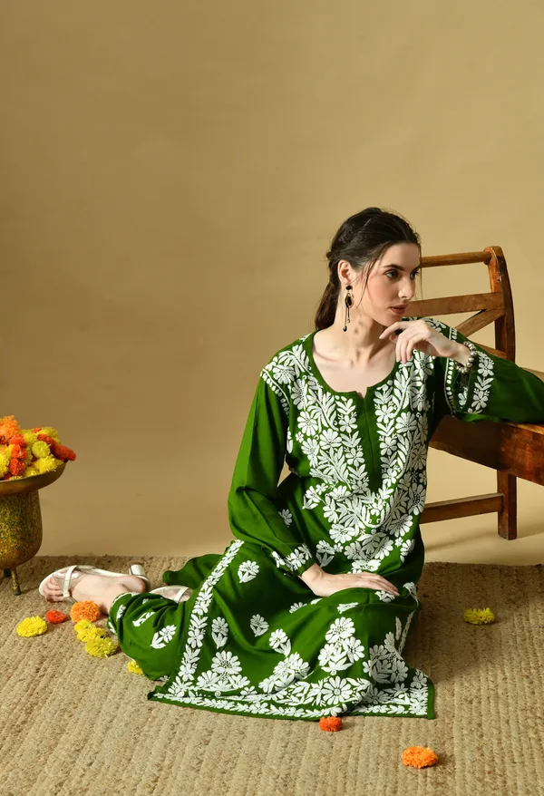 Hand_Embroidered_Chikankari_Soft_Rayon_Plazo_Set_-_Mehdi_Green