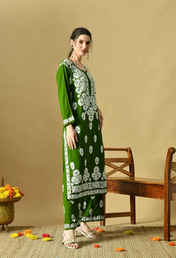Hand_Embroidered_Chikankari_Soft_Rayon_Plazo_Set_-_Mehdi_Green