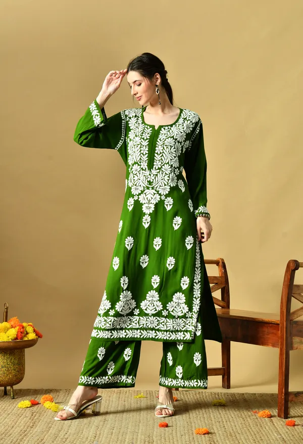 Hand_Embroidered_Chikankari_Soft_Rayon_Plazo_Set_-_Mehdi_Green