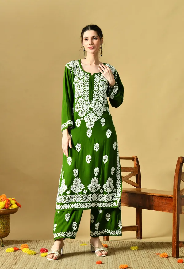 Hand_Embroidered_Chikankari_Soft_Rayon_Plazo_Set_-_Mehdi_Green