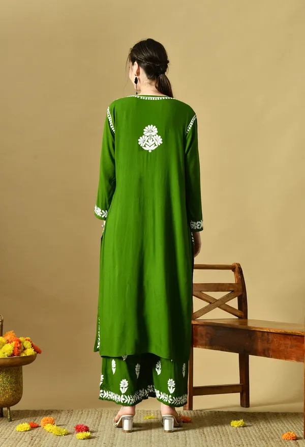 Hand_Embroidered_Chikankari_Soft_Rayon_Plazo_Set_-_Mehdi_Green