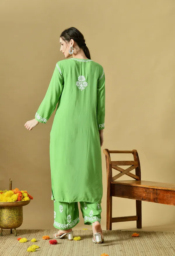 Hand_Embroidered_Chikankari_Soft_Rayon_Plazo_Set_-_Light_Green