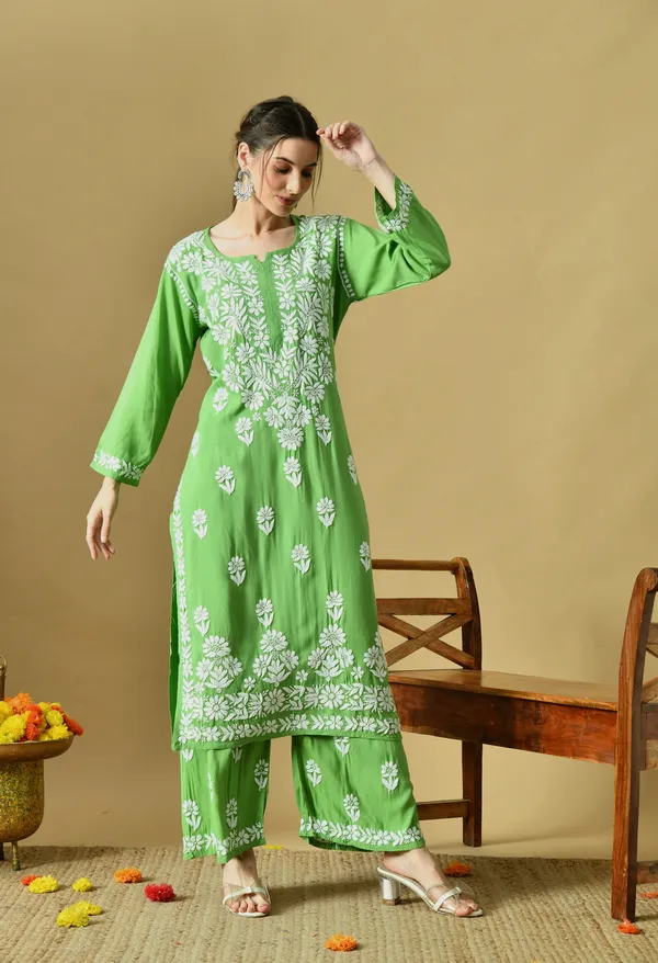 Hand_Embroidered_Chikankari_Soft_Rayon_Plazo_Set_-_Light_Green