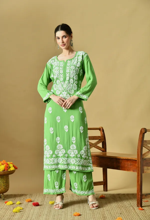 Hand_Embroidered_Chikankari_Soft_Rayon_Plazo_Set_-_Light_Green