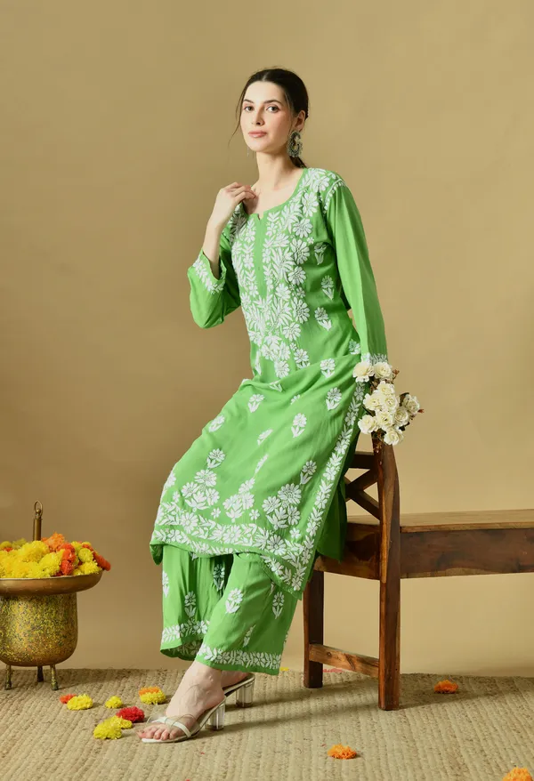 Hand_Embroidered_Chikankari_Soft_Rayon_Plazo_Set_-_Light_Green