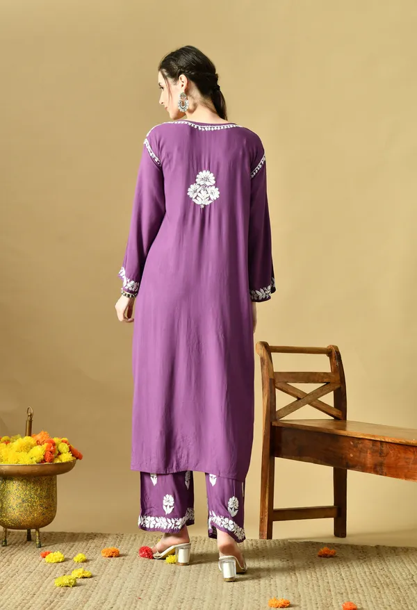 Hand_Embroidered_Chikankari_Soft_Rayon_Plazo_Set_-_Dark_Purple