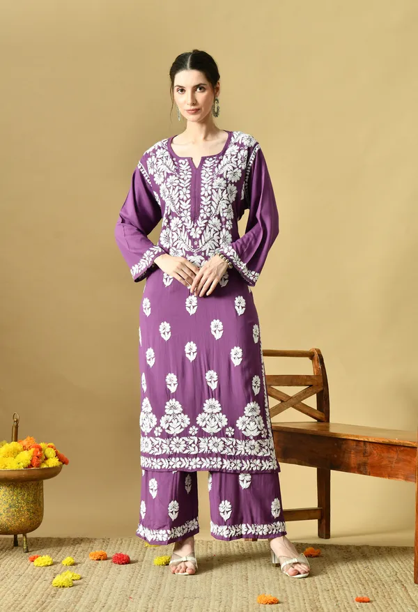 Hand_Embroidered_Chikankari_Soft_Rayon_Plazo_Set_-_Dark_Purple