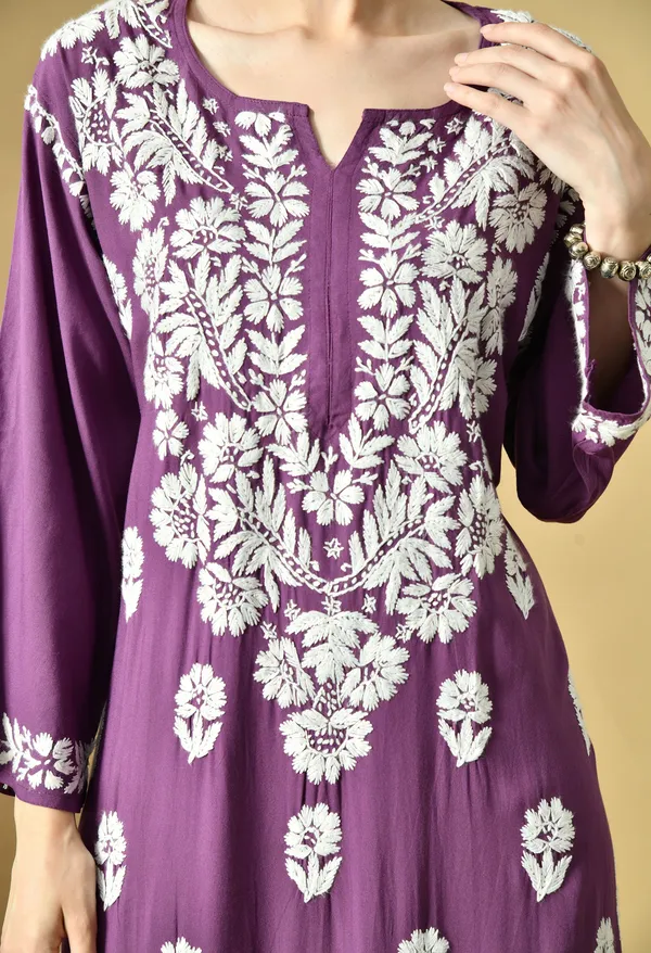 Hand_Embroidered_Chikankari_Soft_Rayon_Plazo_Set_-_Dark_Purple