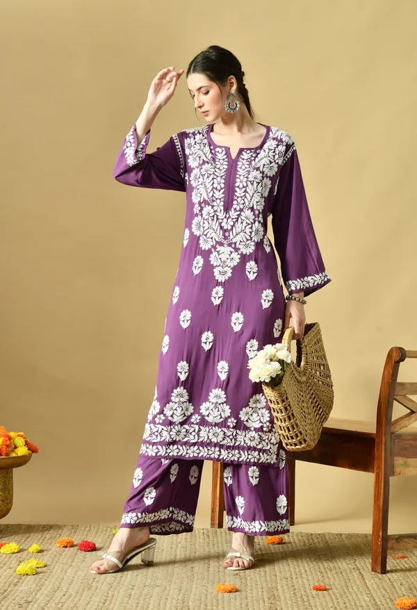 Hand_Embroidered_Chikankari_Soft_Rayon_Plazo_Set_-_Dark_Purple