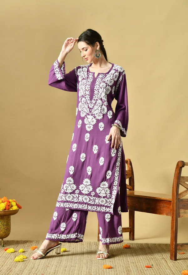 Hand_Embroidered_Chikankari_Soft_Rayon_Plazo_Set_-_Dark_Purple
