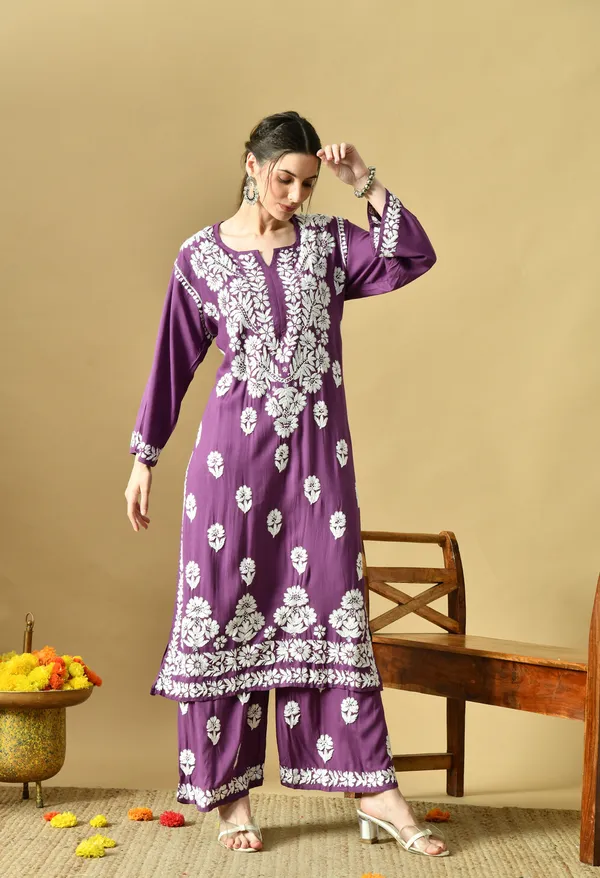 Hand_Embroidered_Chikankari_Soft_Rayon_Plazo_Set_-_Dark_Purple