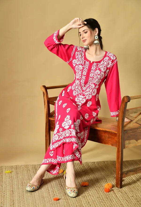 Hand_Embroidered_Chikankari_Soft_Rayon_Plazo_Set_-_Rani_Pink