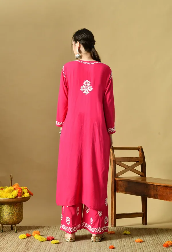 Hand_Embroidered_Chikankari_Soft_Rayon_Plazo_Set_-_Rani_Pink