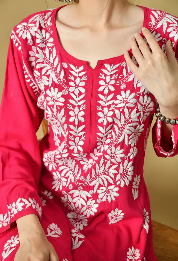 Hand_Embroidered_Chikankari_Soft_Rayon_Plazo_Set_-_Rani_Pink