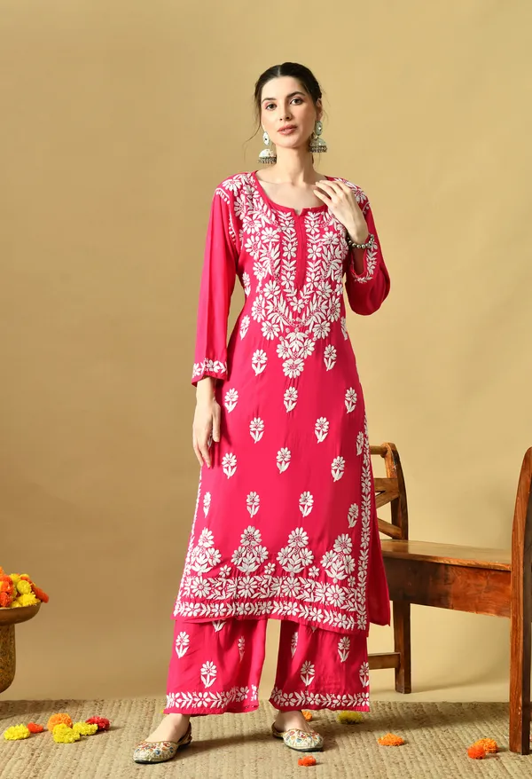 Hand_Embroidered_Chikankari_Soft_Rayon_Plazo_Set_-_Rani_Pink