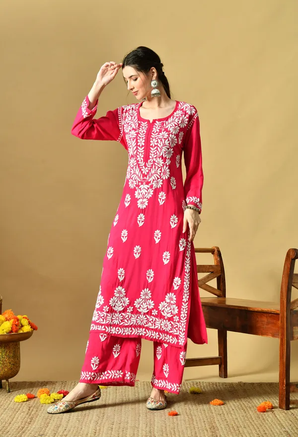 Hand_Embroidered_Chikankari_Soft_Rayon_Plazo_Set_-_Rani_Pink