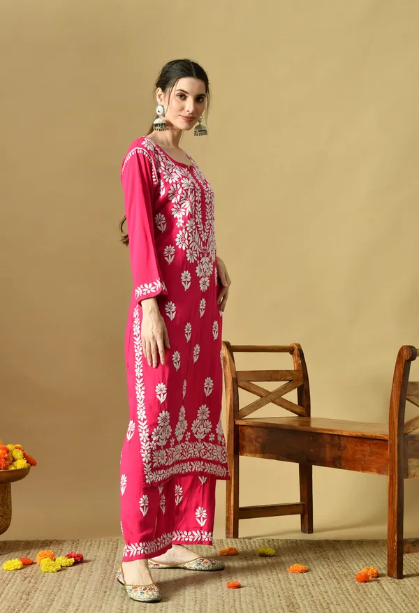 Hand_Embroidered_Chikankari_Soft_Rayon_Plazo_Set_-_Rani_Pink