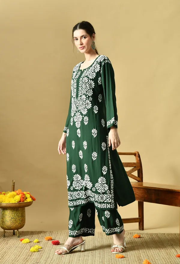 Hand_Embroidered_Chikankari_Soft_Rayon_Plazo_Set_-Dark_Green