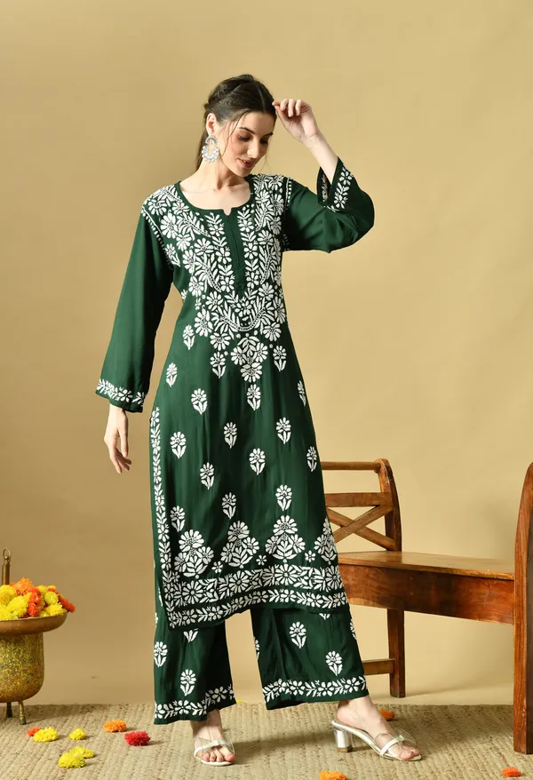 Hand_Embroidered_Chikankari_Soft_Rayon_Plazo_Set_-Dark_Green