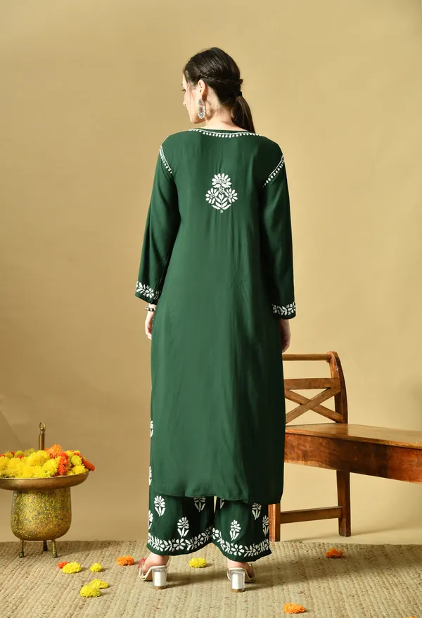 Hand_Embroidered_Chikankari_Soft_Rayon_Plazo_Set_-Dark_Green