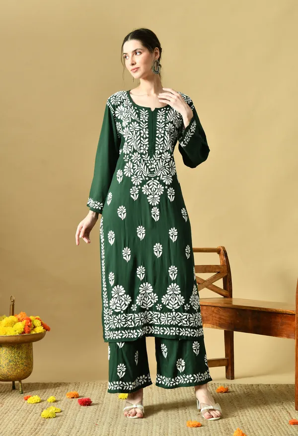 Hand_Embroidered_Chikankari_Soft_Rayon_Plazo_Set_-Dark_Green