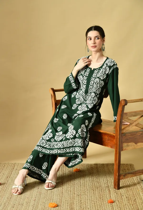 Hand_Embroidered_Chikankari_Soft_Rayon_Plazo_Set_-Dark_Green