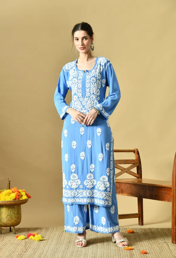 Hand_Embroidered_Chikankari_Soft_Rayon_Plazo_Set_-Blue