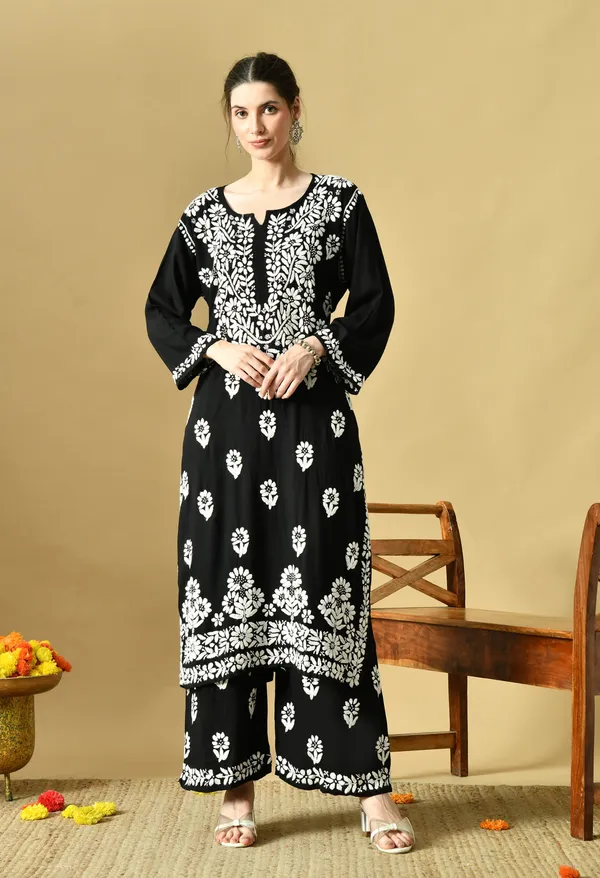 Hand_Embroidered_Chikankari_Soft_Rayon_Plazo_Set_-Black