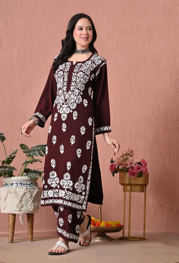 Syrish_Brown_Bloom_Hand_Embroidered_Chikankari_Rayon_Kurta_Set