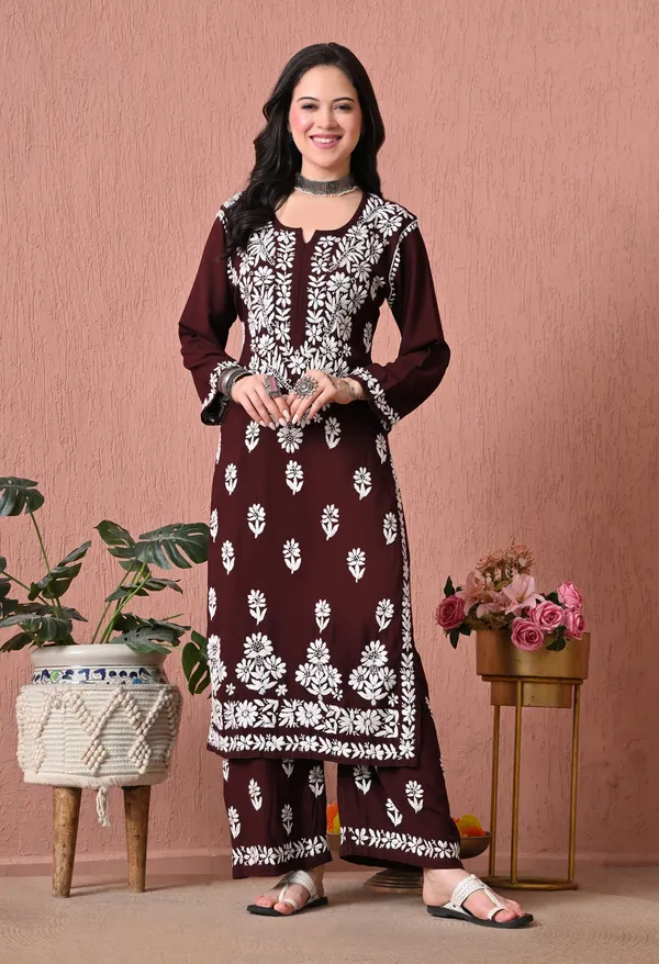 Syrish_Brown_Bloom_Hand_Embroidered_Chikankari_Rayon_Kurta_Set
